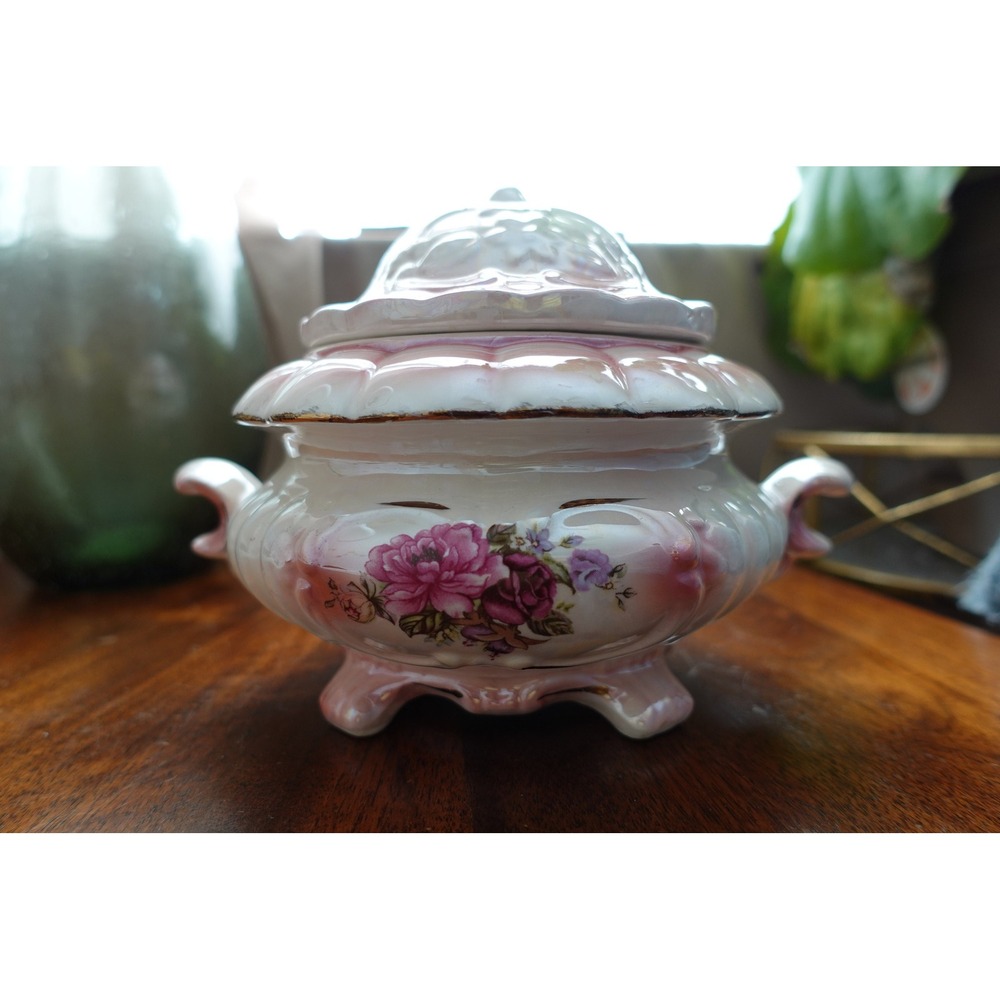 Floral‎ Lidded Candy Dish Trinket Bowl Footed Decor Pink White Gold Accent